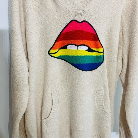 torrid hooded sweater rainbow lips pullover large nwt jumper cream new - Picture 3 of 11